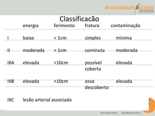 Classificação
energia ferimento fratura contaminação
I baixa < 1cm simples mínima
II moderada > 1cm cominuta moderada
IIIA elevada >10cm possível elevada
coberta
IIIB elevada >10cm osso elevada
descoberto
IIIC lesão arterial associada
 