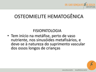 OSTEOMIELITE HEMATOGÊNICA 
FISIOPATOLOGIA 
• Tem início na metáfise, perto de vaso 
nutriente, nos sinusóides metafisários, e 
deve-se à natureza do suprimento vascular 
dos ossos longos de crianças 
 