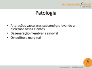 Patologia 
• Alterações vasculares subcondrais levando a 
esclerose óssea e cistos 
• Degeneração membrana sinovial 
• Osteofitose marginal 
 