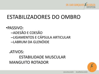 ESTABILIZADORES DO OMBRO 
•PASSIVO: 
–ADESÃO E COESÃO 
–LIGAMENTOS E CÁPSULA ARTICULAR 
–LABRUM DA GLENÓIDE 
ATIVOS: 
ESTABILIDADE MUSCULAR 
MANGUITO ROTADOR 
 