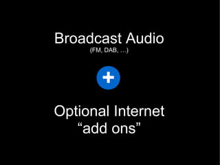 Broadcast Audio
     (FM, DAB, …)




        +
        +

Optional Internet
   “add ons”
                    37
 