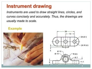 Instrument drawing
Instruments are used to draw straight lines, circles, and
curves concisely and accurately. Thus, the drawings are
usually made to scale.
Example
 