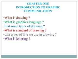 •What is drawing ?
•What is graphics language ?
•List some types of drawing ?
•What is standard of drawing ?
•List types of line we use in drawing ?
•What is lettering ?
CHAPTER ONE
INTRODUCTION TO GRAPHIC
COMMUNICATION
 