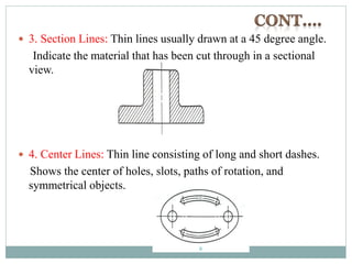  3. Section Lines: Thin lines usually drawn at a 45 degree angle.
Indicate the material that has been cut through in a sectional
view.
 4. Center Lines: Thin line consisting of long and short dashes.
Shows the center of holes, slots, paths of rotation, and
symmetrical objects.
 