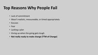 Top Reasons Why People Fail
• Lack of commitment
• Wasn’t realistic, measureable, or timed appropriately
• Excuses
• Fear
• Lacking a plan
• Giving up when the going gets tough
• Not really ready to make change (TTM of Change)
 