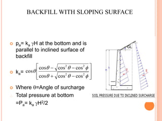  pa= ka H at the bottom and is
parallel to inclined surface of
backfill
 ka=
 Where =Angle of surcharge
 Total pressure at bottom
=Pa= ka H2/2
10












 22
22
coscoscos
coscoscos
cos
BACKFILL WITH SLOPING SURFACE
GL
 