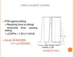 13
CHECK AGAINST SLIDING
Friction  W
SLIDING OF WALL
 FOS against sliding
= Resisting force to sliding/
Horizontal force causing
sliding
= W/Pa  1.55 (=1.4/0.9)
 As per IS:456:2000
1.4 = ( 0.9W)/Pa
 