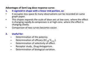 Advantages of Semi Log dose response curve:
1. It sigmoid in shape with a linear mid portion, so:
• It occupies less space & many observations can be recorded on same
graph paper.
• This shapes expands the scale of dose axis at low conc. where the effect
is changing rapidly & compresses is at high conc. where the effect is
changing slowly.
• Comparison of two curves becomes easier.
2. Useful for:
– Determination of the potency.
– Determination of efficacy (EC50/ Emax ).
– Determination of selectivity of effect.
– Receptor study , Drug Antagonism.
– Determination of biological variation.
 
