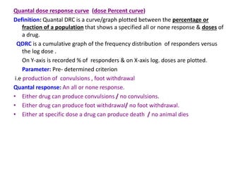 Quantal dose response curve (dose Percent curve)
Definition: Quantal DRC is a curve/graph plotted between the percentage or
fraction of a population that shows a specified all or none response & doses of
a drug.
QDRC is a cumulative graph of the frequency distribution of responders versus
the log dose .
On Y-axis is recorded % of responders & on X-axis log. doses are plotted.
Parameter: Pre- determined criterion
i.e production of convulsions , foot withdrawal
Quantal response: An all or none response.
• Either drug can produce convulsions / no convulsions.
• Either drug can produce foot withdrawal/ no foot withdrawal.
• Either at specific dose a drug can produce death / no animal dies
 