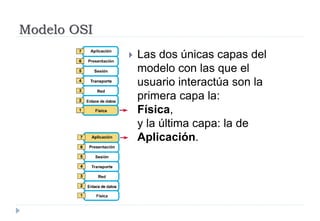 Modelo OSI
 Las dos únicas capas del
modelo con las que el
usuario interactúa son la
primera capa la:
Física,
y la última capa: la de
Aplicación.
 
