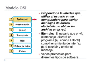 Modelo OSI
 Proporciona la interfaz que
utiliza el usuario en su
computadora para enviar
mensajes de correo
electrónico o ubicar un
archivo en la red.
 Ejemplo: El usuario que envía
el mensaje utilizará un
programa (ej. como Outlook)
como herramienta de interfaz
para escribir y enviar el
mensaje.
 Varios protocolos para
diferentes tipos de software
 