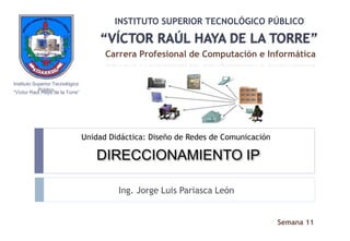 DIRECCIONAMIENTO IP
Ing. Jorge Luis Pariasca León
Carrera Profesional de Computación e Informática
Unidad Didáctica: Diseño de Redes de Comunicación
Instituto Superior Tecnológico
Público
INSTITUTO SUPERIOR TECNOLÓGICO PÚBLICO
Semana 11
“Víctor Raúl Haya de la Torre”
“VÍCTOR RAÚL HAYA DE LA TORRE”
 