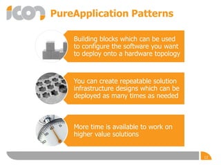PureApplication Patterns
Building blocks which can be used
to configure the software you want
to deploy onto a hardware topology
You can create repeatable solution
infrastructure designs which can be
deployed as many times as needed
More time is available to work on
higher value solutions
12
 