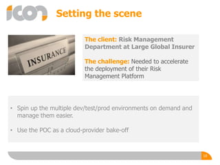 The client: Risk Management
Department at Large Global Insurer
The challenge: Needed to accelerate
the deployment of their Risk
Management Platform
18
• Spin up the multiple dev/test/prod environments on demand and
manage them easier.
• Use the POC as a cloud-provider bake-off
Setting the scene
 
