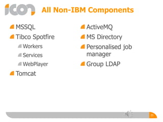 All Non-IBM Components
MSSQL
Tibco Spotfire
Workers
Services
WebPlayer
Tomcat
25
ActiveMQ
MS Directory
Personalised job
manager
Group LDAP
 
