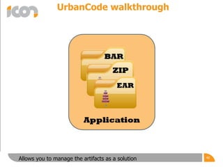 40Allows you to manage the artifacts as a solution
UrbanCode walkthrough
 