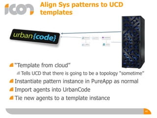 Align Sys patterns to UCD
templates
49
“Template from cloud”
Tells UCD that there is going to be a topology “sometime”
Instantiate pattern instance in PureApp as normal
Import agents into UrbanCode
Tie new agents to a template instance
 