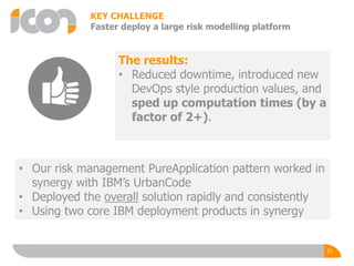 KEY CHALLENGE
Faster deploy a large risk modelling platform
The results:
• Reduced downtime, introduced new
DevOps style production values, and
sped up computation times (by a
factor of 2+).
51
• Our risk management PureApplication pattern worked in
synergy with IBM’s UrbanCode
• Deployed the overall solution rapidly and consistently
• Using two core IBM deployment products in synergy
 