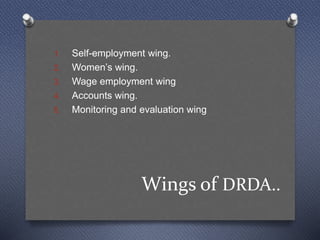 Wings of DRDA..
1. Self-employment wing.
2. Women’s wing.
3. Wage employment wing
4. Accounts wing.
5. Monitoring and evaluation wing
 