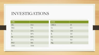 INVESTIGATIONS
CBC
Hb 10.6
TLC 7.8
N 43%
L 50%
M 04%
E 03%
PLT 366
ANC 3354
UCE
UREA 35
Cr 0.3
Na 139
K 3.8
Cl 104
Ca 9.0
Mg 1.8
 