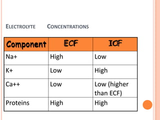 ELECTROLYTE CONCENTRATIONS
Component ECF ICF
Na+ High Low
K+ Low High
Ca++ Low Low (higher
than ECF)
Proteins High High
 