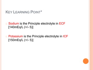KEY LEARNING POINT*
Sodium is the Principle electrolyte
[140mEq/L (+/- 5)]
in ECF
Potassium is the Principle electrolyte in ICF
[150mEq/L (+/- 5)]
 