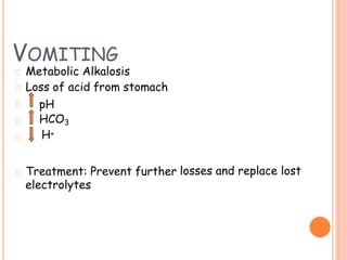 VOMITING
Metabolic Alkalosis
Loss of acid from stomach
pH
HCO3
H+
Treatment: Prevent further
electrolytes
losses and replace lost
 