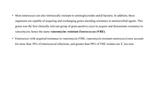 • Most enterococci are also intrinsically resistant to aminoglycosides and β-lactams. In addition, these
organisms are capable of acquiring and exchanging genes encoding resistance to antimicrobial agents. This
genus was the first clinically relevant group of gram-positive cocci to acquire and disseminate resistance to
vancomycin; hence the name vancomycin- resistant Enterococcus (VRE).
• Enterococci with acquired resistance to vancomycin (VRE, vancomycin-resistant enterococci) now account
for more than 30% of enterococcal infections, and greater than 90% of VRE isolates are E. faecium.
 
