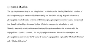 Mechanism of Action
The glycopeptides vancomycin and teicoplanin act by binding to the “D-alanyl-D-alanine” terminus of
cell wall peptidoglycan intermediates and inhibiting cell wall cross-linking. Acquired resistance to
glycopeptides results from the synthesis of different peptidoglycan precursors that become incorporated
into the cell wall and have decreased binding affinity for vancomycin, teicoplanin, or both.
Normally, vancomycin-susceptible strains have peptidoglycan side chains that terminate with the
depsipeptide “D-alanyl-D-alanine,” and the glycopeptide antibiotic binds to this depsipeptide. In
glycopeptide-resistant strains, the “D-alanyl-D-alanine” depsipeptide is replaced by “D-alanyl-D-lactate”
or by “D-alanyl-D-serine.”
 