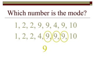 Which number is the mode?
1, 2, 2, 9, 9, 4, 9, 10
9
1, 2, 2, 4, 9, 9, 9, 10
 
