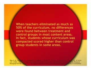 When teachers eliminated as much as
          50% of the curriculum, no differences
          were found between treatment and
          control groups in most content areas.
          In fact, students whose curriculum was
          compacted scored higher than control
          group students in some areas.



Reis, S. M., Westberg, K.L., Kulikowich, J., Caillard, F., Hébert, T., Plucker, J., Purcell, J.H., Rogers, J.B., & Smist,
J.M. (1993). Why not let high ability students start school in January? The curriculum compacting study (Research
Monograph 93106). Storrs, CT: The National Research Center on the Gifted and Talented, University of Connecticut."
 