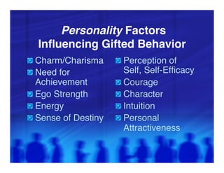 Personality Factors 
  Inﬂuencing Gifted Behavior"
"   Charm/Charisma"     "   Perception of
"   Need for                  Self, Self-Efﬁcacy"
    Achievement"        "     Courage"
"   Ego Strength"       "     Character"
"   Energy"             "     Intuition"
"   Sense of Destiny"   "     Personal
                              Attractiveness"
 