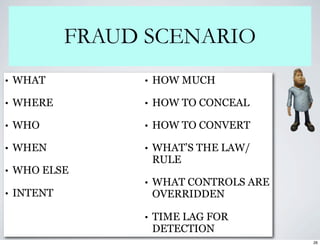 FRAUD SCENARIO
•   WHAT          •   HOW MUCH

•   WHERE         •   HOW TO CONCEAL

•   WHO           •   HOW TO CONVERT

•   WHEN          •   WHAT’S THE LAW/
                      RULE
•   WHO ELSE
                  •   WHAT CONTROLS ARE
•   INTENT            OVERRIDDEN

                  •   TIME LAG FOR
                      DETECTION
                                          26
 