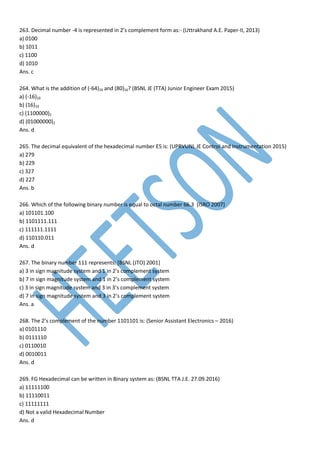 263. Decimal number -4 is represented in 2’s complement form as:- (Uttrakhand A.E. Paper-II, 2013)
a) 0100
b) 1011
c) 1100
d) 1010
Ans. c
264. What is the addition of (-64)10 and (80)16? (BSNL JE (TTA) Junior Engineer Exam 2015)
a) (-16)10
b) (16)10
c) (1100000)2
d) (01000000)2
Ans. d
265. The decimal equivalent of the hexadecimal number E5 is: (UPRVUNL JE Control and Instrumentation 2015)
a) 279
b) 229
c) 327
d) 227
Ans. b
266. Which of the following binary number is equal to octal number 66.3 (ISRO 2007)
a) 101101.100
b) 1101111.111
c) 111111.1111
d) 110110.011
Ans. d
267. The binary number 111 represents: [BSNL (JTO) 2001]
a) 3 in sign magnitude system and 1 in 2’s complement system
b) 7 in sign magnitude system and 1 in 2’s complement system
c) 3 in sign magnitude system and 3 in 3’s complement system
d) 7 in sign magnitude system and 3 in 2’s complement system
Ans. a
268. The 2’s complement of the number 1101101 is: (Senior Assistant Electronics – 2016)
a) 0101110
b) 0111110
c) 0110010
d) 0010011
Ans. d
269. FG Hexadecimal can be written in Binary system as: (BSNL TTA J.E. 27.09.2016)
a) 11111100
b) 11110011
c) 11111111
d) Not a valid Hexadecimal Number
Ans. d
 