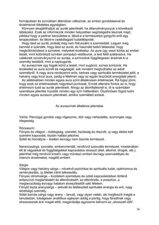 formájukban és színükben állandóan változnak, az ember gondolataival és
érzelmeivel tökéletes egységben.
  Könnyen elsajátíthatjuk az aurák jelentését, ha áttanulmányozzuk a következő
táblázatot. Ezek az információk minden helyzetben segítségedre lesznek majd,
például hogy a partner becsületes-e, látod-e a természetes gyógyító erőt egy
terapeutában, és látod-e családtagjaid tudatállapotát.
  Hogy lásd az aurát, próbálj meg nem fókuszálni a szemeiddel. Legyen meg
benned a szándék, hogy lásd az aurát, és használd belső látásodat, hogy
megkülönböztesd a színeket, melyeket érzékelsz. Az aura úgy veszi körbe az ember
testét, mint különböző színben pompázó védőburok, a test felől szétáradva. Ha
valakinek szivárványszínű az aurája, a színcsíkok függőlegesen áradnak ki a
személy testéből, mint a napsugarak.
  Az auraszínek úgy fogják körül a testet, mint sugárzó, színes kontúrok. Ha
érzékeled az aura színét és nagyságát, sok mindent megtudhatsz az adott
személyről. A nagy aura rendszerint erős, kedves vagy spirituális természetet jelöl, a
halvány vagy kicsi aura, pedig a félelmet vagy az egyén leszűkült energiáját jelenti.
  Az alábbiakban minden egyes aura színt általánosan értelmezek. Rá fogsz jönni,
hogy ezek az értelmezések nagyrészt pontosak. Ennek ellenére fontos az is, hogy
értelmezni tudd az aurák jelentését. Ahogy az álomfejtésnél is, itt is számtalan
személyes jelentés húzódik minden egy szín hátterében. Ösztönösen fogod tudni
minden egyes auraszín jelentését, amikor szemléled azokat.


                          Az auraszínek általános jelentése


Vörös: Pénzügyi gondok vagy rögeszme, düh vagy neheztelés, szorongás vagy
idegesség.

Rózsaszín:
Fényes és világos – boldogság, szeretet, tisztaság és részvét, új vagy életre kelt
szerelmi kapcsolat, tisztán hallást jelezhet.
Sötét és homályos – éretlen és/vagy nem őszinte természet.

Narancssárga: szociális, emberorientált, rendkívül szexuális természet, mostanában
élt át vágyakkal és függőségekkel kapcsolatos stresszt (étel, alkohol, drogok, stb.),
jelenthet még rendívül kreatív vagy művészi embert és/vagy szenvedélyes és
intenzív érzelmeket, megélő embert.

Sárga:
Világos vagy halvány sárga – növekvő pszichikai és spirituális tudat, optimizmus és
reménykedés, új ötletek iránti lelkesedés.
Fényes citromsárga – küzdelem személyes és üzleti kapcsolatokban történő
erőpozíció megtartásáért és ellenőrzésért, az ellenőrzés, a presztízs, a
megbecsültség és/vagy hatalom elvesztésétől való félelem.
Fénylő tiszta aranysárga – aktivált és felélesztett spirituális energia és erő, nagy
tehetségű személy.
Sötét barnás sárga vagy arany – tanuló, vagy olyan valaki, aki megfeszíti magát a
tanulásban, túlságosan analitikus egészen addig a pontig, hogy fáradtnak vagy
stresszesnek érzi magát ettől, megpróbálja egyszerre behozni az „elveszett időt”.

                                                                                     36
 