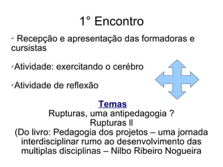 1° Encontro Recepção e apresentação das formadoras e cursistas Atividade: exercitando o cerébro Atividade de reflexão Temas Rupturas, uma antipedagogia ? Rupturas ll (Do livro: Pedagogia dos projetos – uma jornada interdisciplinar rumo ao desenvolvimento das multiplas disciplinas – Nilbo Ribeiro Nogueira 