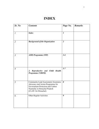 1




                            INDEX
Sr. No   Contents                              Page No.   Remarks


1        Index                                 1



2        Background of the Organization        2




3        AIDS Programme (TIP)                  3-4




4                                              5-7
         2. Reproductive and Child Health
         Programme (NRHM)



5        Community Lead Assessment Awareness   8
         Advocacy and Action Programme for
         Environment Protection and Carbon
         Neutrality in Himachal Pradesh
         (CLAP- for Himachal)

6        Other Regular Activities              9
 