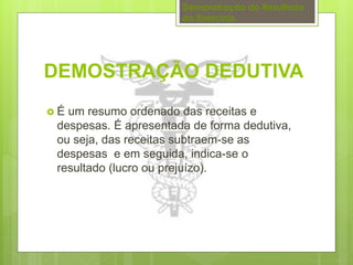Demonstração do Resultado 
do Exercício 
DEMOSTRAÇÃO DEDUTIVA 
 É um resumo ordenado das receitas e 
despesas. É apresentada de forma dedutiva, 
ou seja, das receitas subtraem-se as 
despesas e em seguida, indica-se o 
resultado (lucro ou prejuízo). 
 