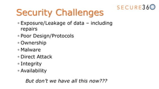Security Challenges
 Exposure/Leakage of data – including
repairs
 Poor Design/Protocols
 Ownership
 Malware
 Direct Attack
 Integrity
 Availability
But don’t we have all this now???
 