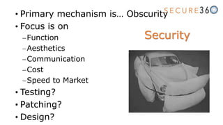 • Primary mechanism is… Obscurity
• Focus is on
Function
Aesthetics
Communication
Cost
Speed to Market
• Testing?
• Patching?
• Design?
Security
 