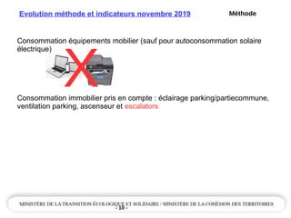 - 10 -
Evolution méthode et indicateurs novembre 2019
Consommation équipements mobilier (sauf pour autoconsommation solaire
électrique)
Consommation immobilier pris en compte : éclairage parking/partiecommune,
ventilation parking, ascenseur et escalators
X
Méthode
 
