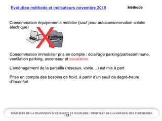 - 12 -
Evolution méthode et indicateurs novembre 2019
Consommation équipements mobilier (sauf pour autoconsommation solaire
électrique)
Consommation immobilier pris en compte : éclairage parking/partiecommune,
ventilation parking, ascenseur et escalators
L’aménagement de la parcelle (réseaux, voirie…) est mis à part
Prise en compte des besoins de froid, à partir d’un seuil de degré-heure
d’inconfort
X
Méthode
 