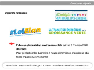 - 2 -
Future réglementation environnementale prévue à l’horizon 2020
(RE2020)
Pour généraliser les bâtiments à haute performance énergétique et à
faible impact environnemental
Objectifs nationaux
Contexte et objectifs
 
