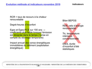 - 20 -
+
Evolution méthode et indicateurs novembre 2019
RCR = taux de recours à la chaleur
renouvelable
Degré-heures d’inconfort
Eges et Eges-PCE sur 100 ans →
coefficients plus faible lorsque l’émission
est éloignée dans le temps (=prise en
compte du stockage temporaire)
Impact annuel des conso énergétiques
immobilières du bâtiment (exploitation
énergétique)
Indicateurs
X
Bilan BEPOS
RER, ratio d’énergie
renouvelable
Tic, température
intérieure
conventionnelle
DIES, durée
d’inconfort d’été
statistiques
 