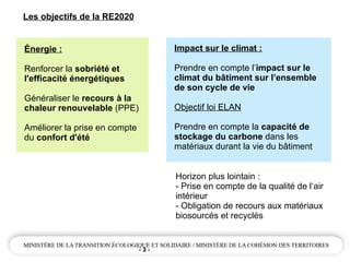 - 3 -
Les objectifs de la RE2020
Énergie :
Renforcer la sobriété et
l'efficacité énergétiques
Généraliser le recours à la
chaleur renouvelable (PPE)
Améliorer la prise en compte
du confort d'été
Impact sur le climat :
Prendre en compte l’impact sur le
climat du bâtiment sur l’ensemble
de son cycle de vie
Objectif loi ELAN
Prendre en compte la capacité de
stockage du carbone dans les
matériaux durant la vie du bâtiment
Horizon plus lointain :
- Prise en compte de la qualité de l‘air
intérieur
- Obligation de recours aux matériaux
biosourcés et recyclés
 