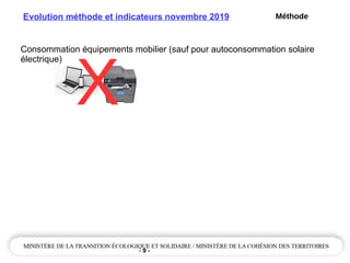 - 9 -
Evolution méthode et indicateurs novembre 2019
Consommation équipements mobilier (sauf pour autoconsommation solaire
électrique)
X
Méthode
 