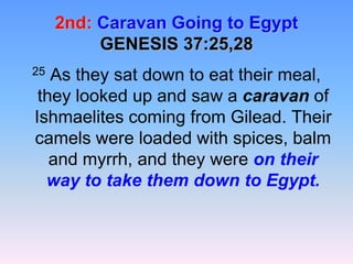 2nd:Caravan Going to EgyptGENESIS 37:25,2825 As they sat down to eat their meal, they looked up and saw a caravan of Ishmaelites coming from Gilead. Their camels were loaded with spices, balm and myrrh, and they were on their way to take them down toEgypt.