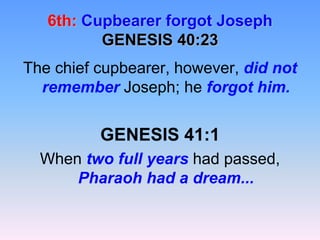 6th:Cupbearer forgot JosephGENESIS 40:23The chief cupbearer, however, did not remember Joseph; he forgot him. GENESIS 41:1When two full years had passed, Pharaoh had a dream...