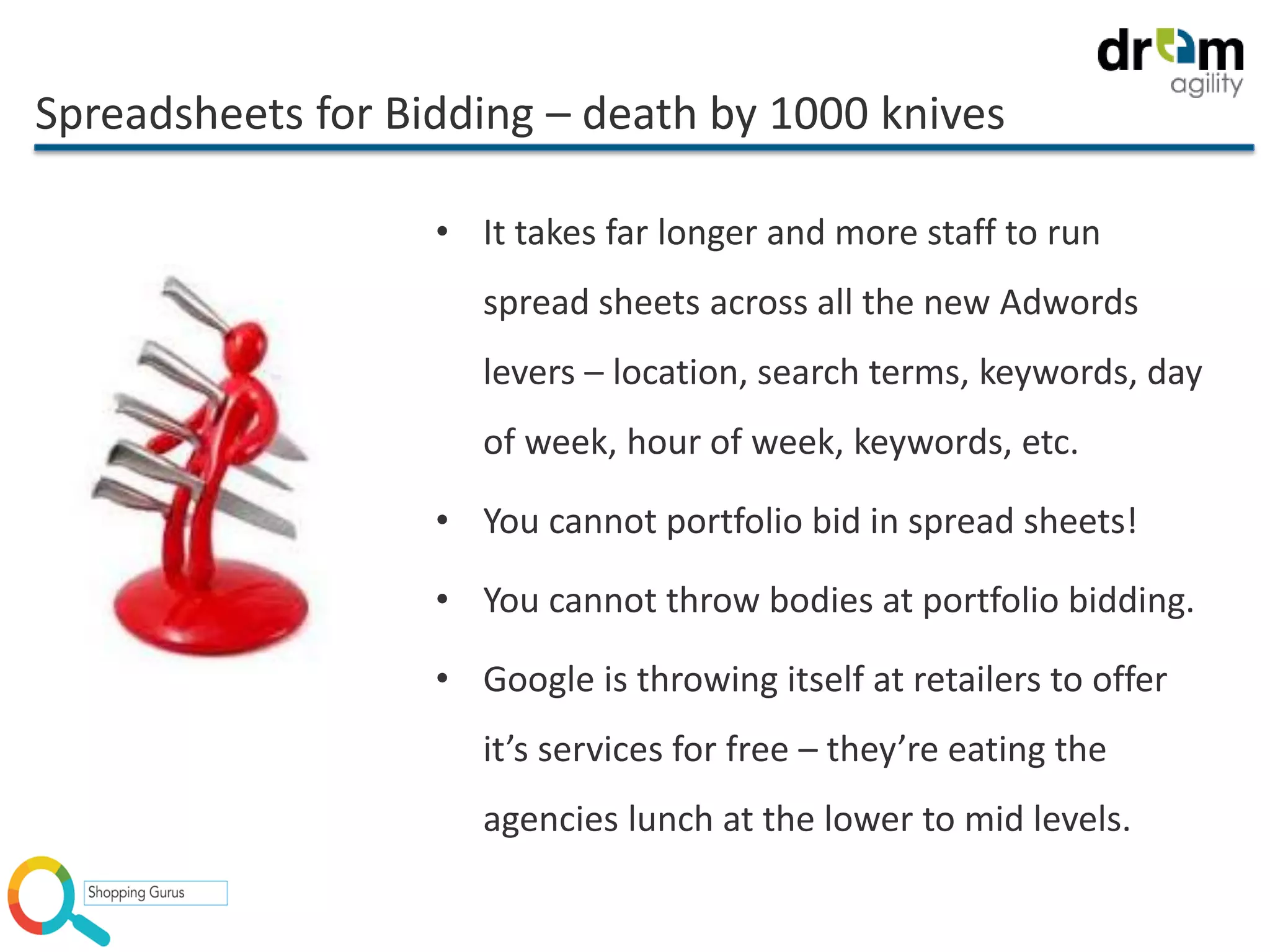 Spreadsheets for Bidding – death by 1000 knives
• It takes far longer and more staff to run
spread sheets across all the new Adwords
levers – location, search terms, keywords, day
of week, hour of week, keywords, etc.
• You cannot portfolio bid in spread sheets!
• You cannot throw bodies at portfolio bidding.
• Google is throwing itself at retailers to offer
it’s services for free – they’re eating the
agencies lunch at the lower to mid levels.
 