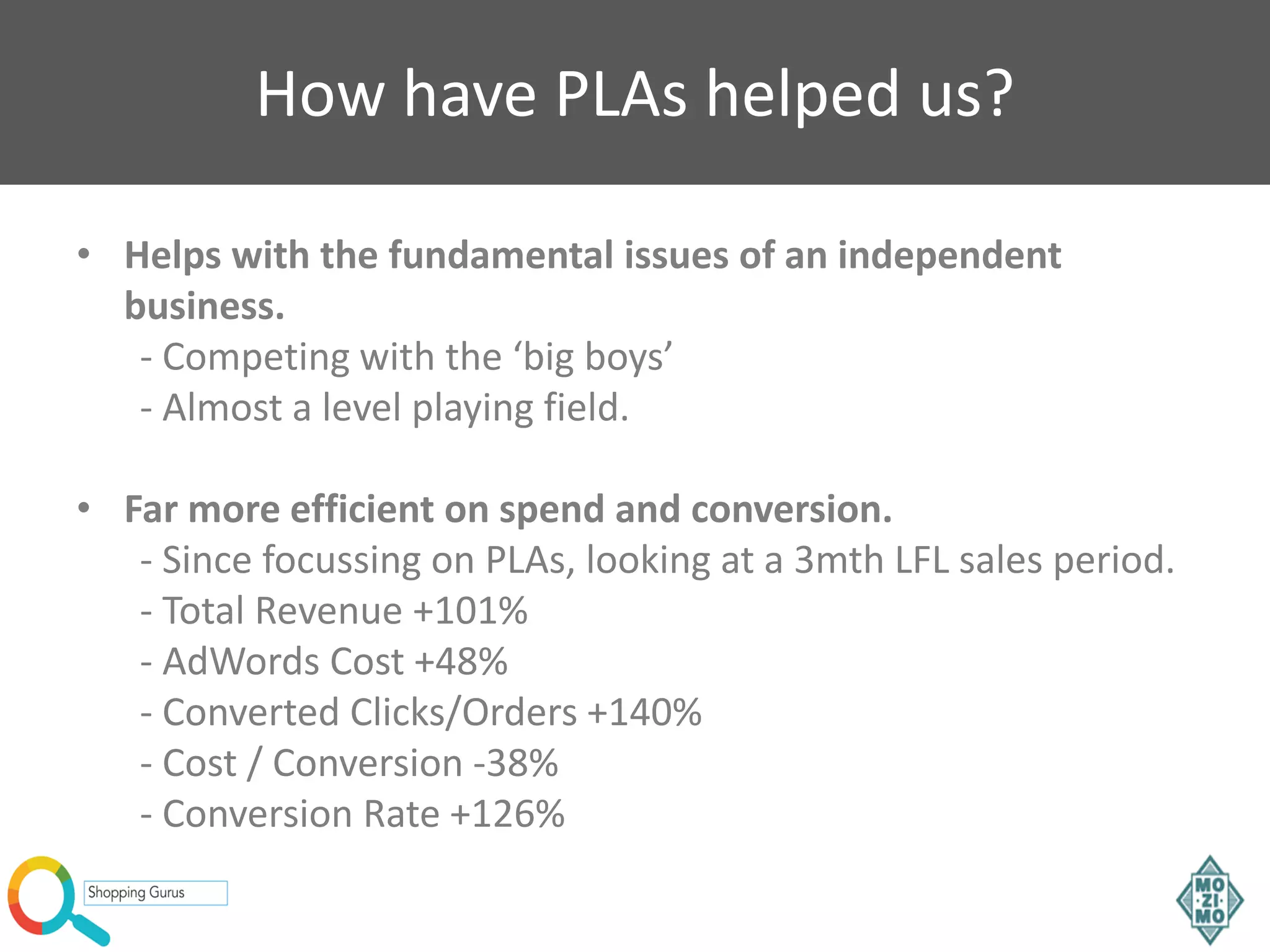 How have PLAs helped us?
• Helps with the fundamental issues of an independent
business.
- Competing with the ‘big boys’
- Almost a level playing field.
• Far more efficient on spend and conversion.
- Since focussing on PLAs, looking at a 3mth LFL sales period.
- Total Revenue +101%
- AdWords Cost +48%
- Converted Clicks/Orders +140%
- Cost / Conversion -38%
- Conversion Rate +126%
 
